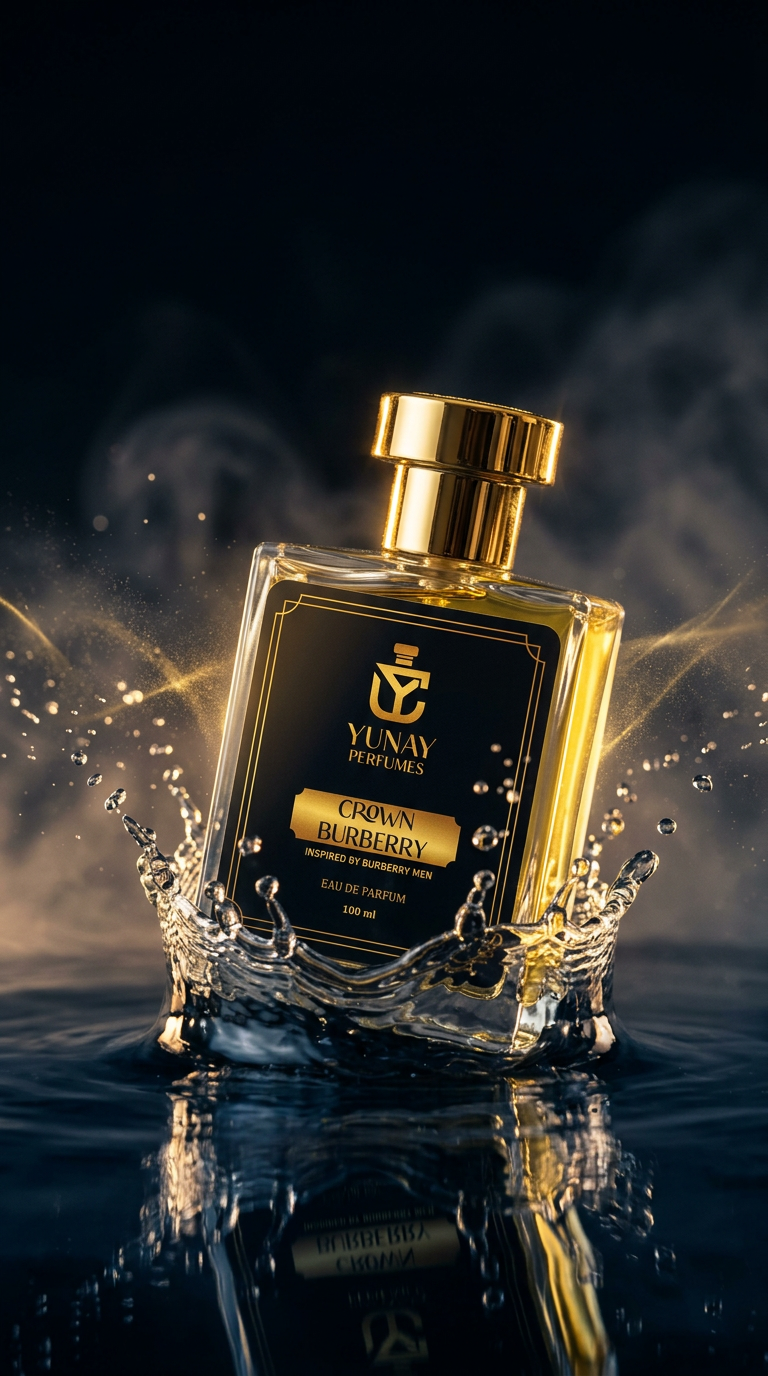 Luxury perfume bottle emerging from dark water, slow motion splash frozen in air, crystal water droplets, gold reflections, black background with soft fog, moody cinematic lighting, sensual luxury ad style, ultra realistic perfume commercial shot, high fashion aesthetic, glowing highlights, depth of field, premium branding look, dramatic atmosphere