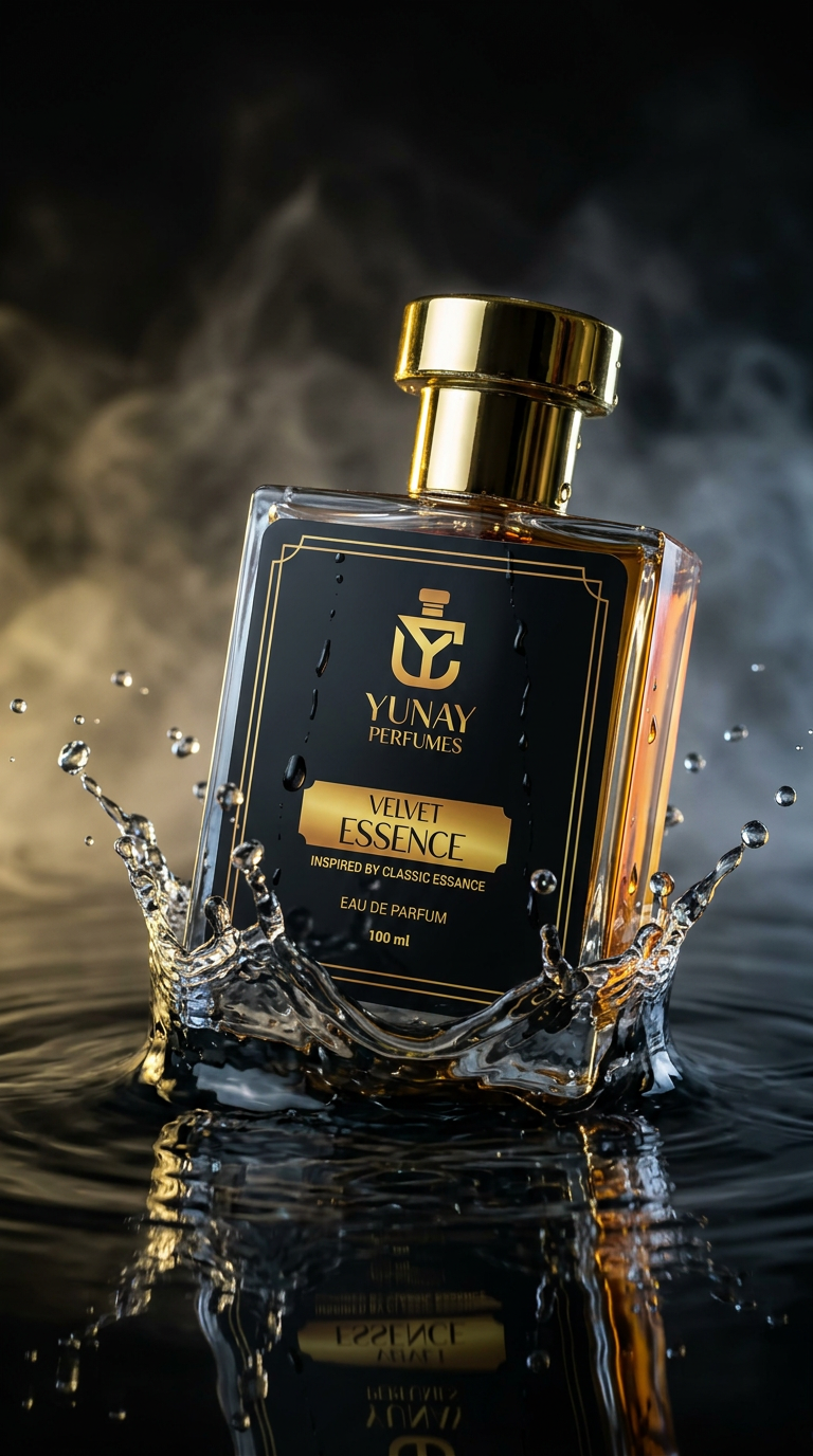 Luxury perfume bottle emerging from dark water, slow motion splash frozen in air, crystal water droplets, gold reflections, black background with soft fog, moody cinematic lighting, sensual luxury ad style, ultra realistic perfume commercial shot, high fashion aesthetic, glowing highlights, depth of field, premium branding look, dramatic atmosphere