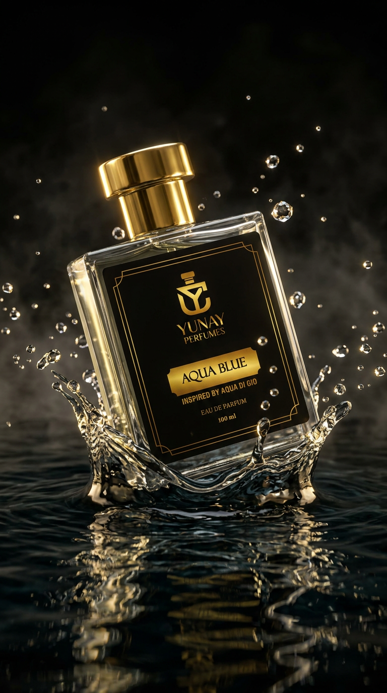 Luxury perfume bottle emerging from dark water, slow motion splash frozen in air, crystal water droplets, gold reflections, black background with soft fog, moody cinematic lighting, sensual luxury ad style, ultra realistic perfume commercial shot, high fashion aesthetic, glowing highlights, depth of field, premium branding look, dramatic atmosphere