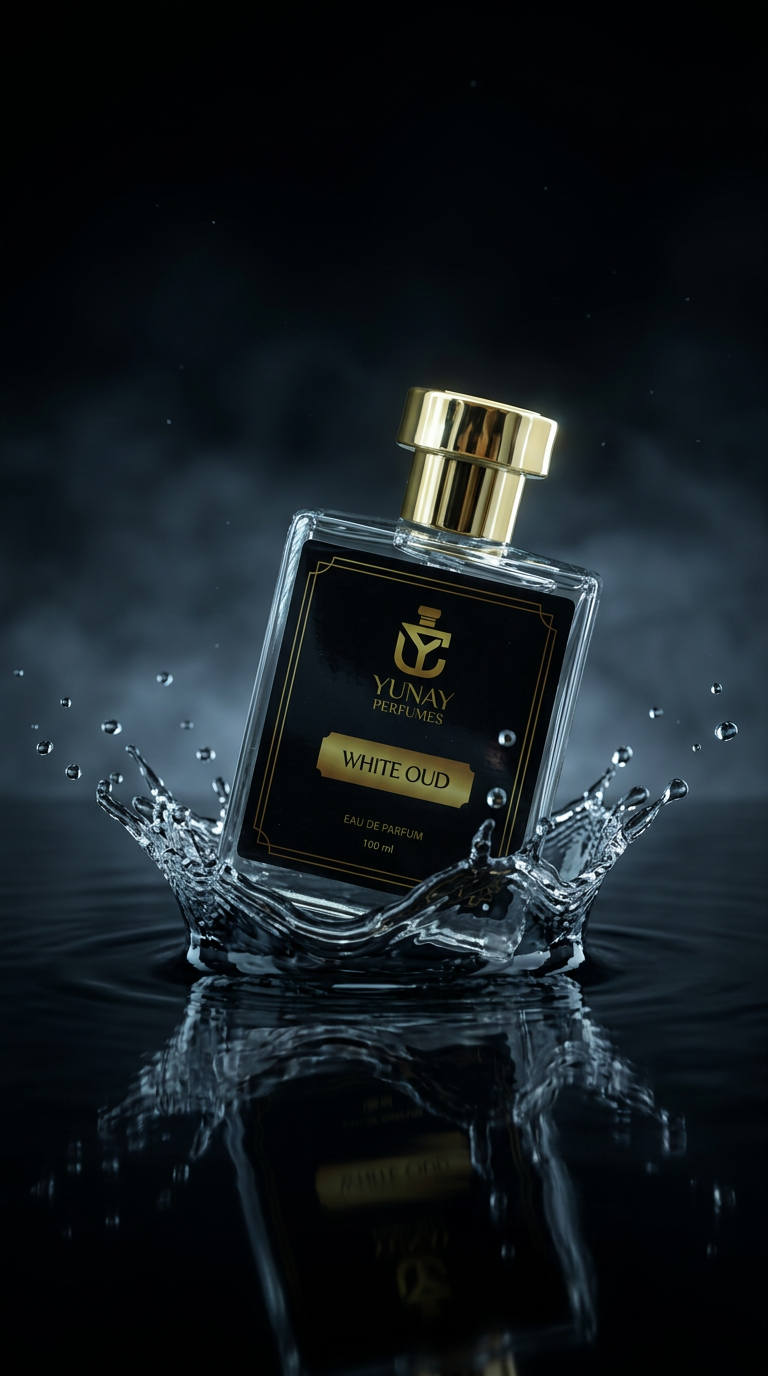 Luxury perfume bottle emerging from dark water, slow motion splash frozen in air, crystal water droplets, gold reflections, black background with soft fog, moody cinematic lighting, sensual luxury ad style, ultra realistic perfume commercial shot, high fashion aesthetic, glowing highlights, depth of field, premium branding look, dramatic atmosphere