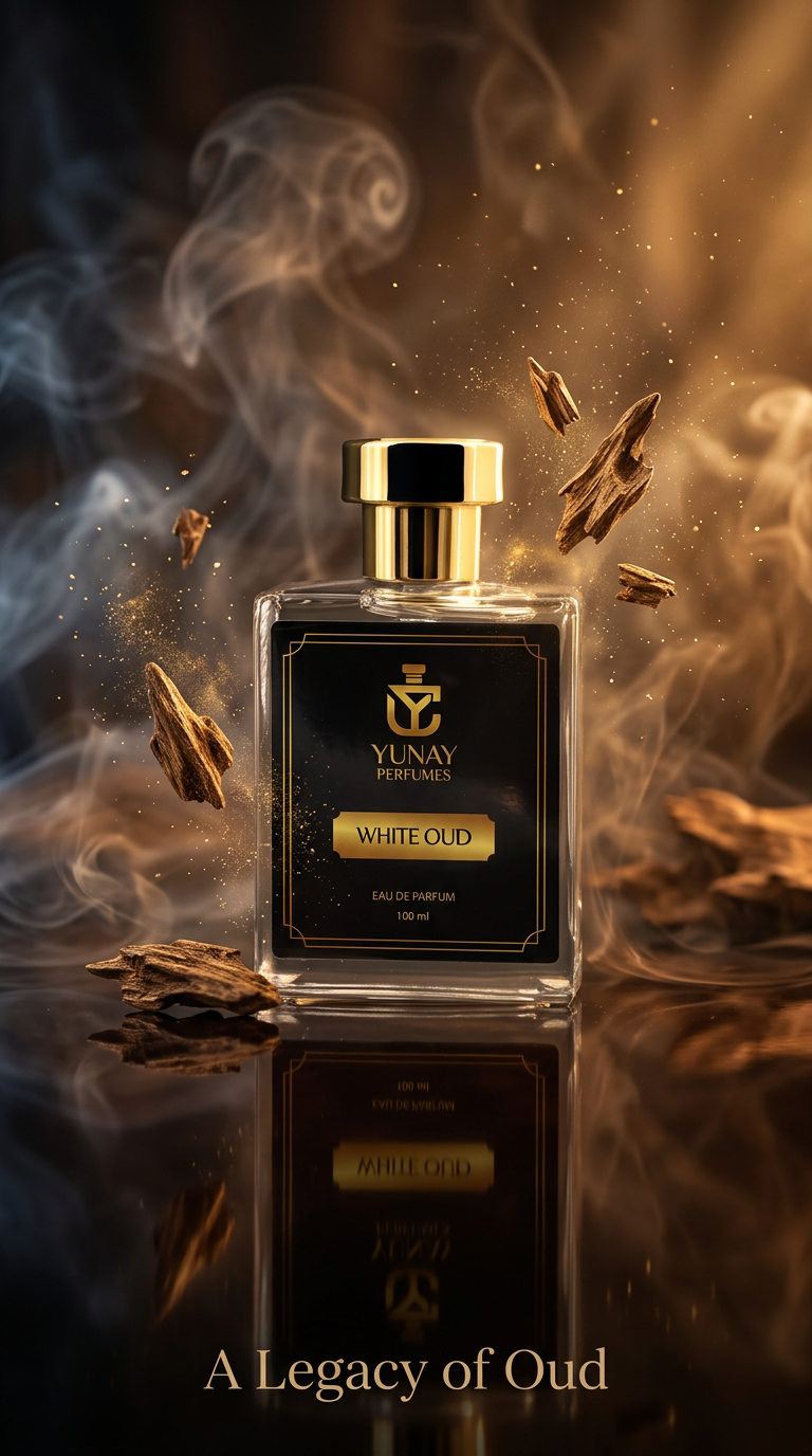 Black and gold perfume bottle surrounded by floating oud wood pieces and golden dust particles, smoky luxury environment, warm amber lighting, dark glossy table reflection, expensive niche fragrance campaign, highly cinematic, rich texture details, ultra realistic, luxury Arabic perfume aesthetic, commercial product photography