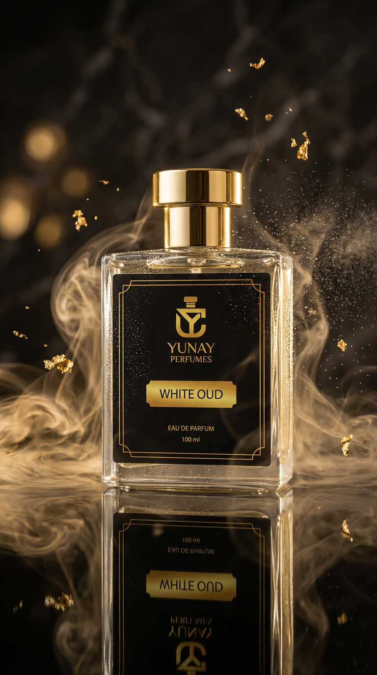 Ultra luxury perfume product photography, black and gold perfume bottle placed on glossy reflective surface, cinematic lighting, floating mist, sparkling water droplets on glass, golden smoke swirls, soft luxury shadows, expensive Arabian oud aesthetic, macro lens look, dramatic contrast, premium dark background, hyper realistic, ultra detailed, commercial perfume advertisement, rich elegant vibe, 8k