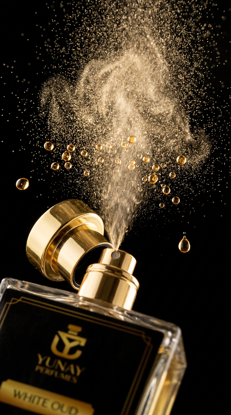 Close-up macro shot of luxury perfume bottle cap opening with perfume spray exploding into golden mist, suspended droplets, cinematic slow motion effect, black velvet background, elegant luxury lighting, expensive fragrance commercial aesthetic, hyper detailed, ultra realistic, fashion campaign style