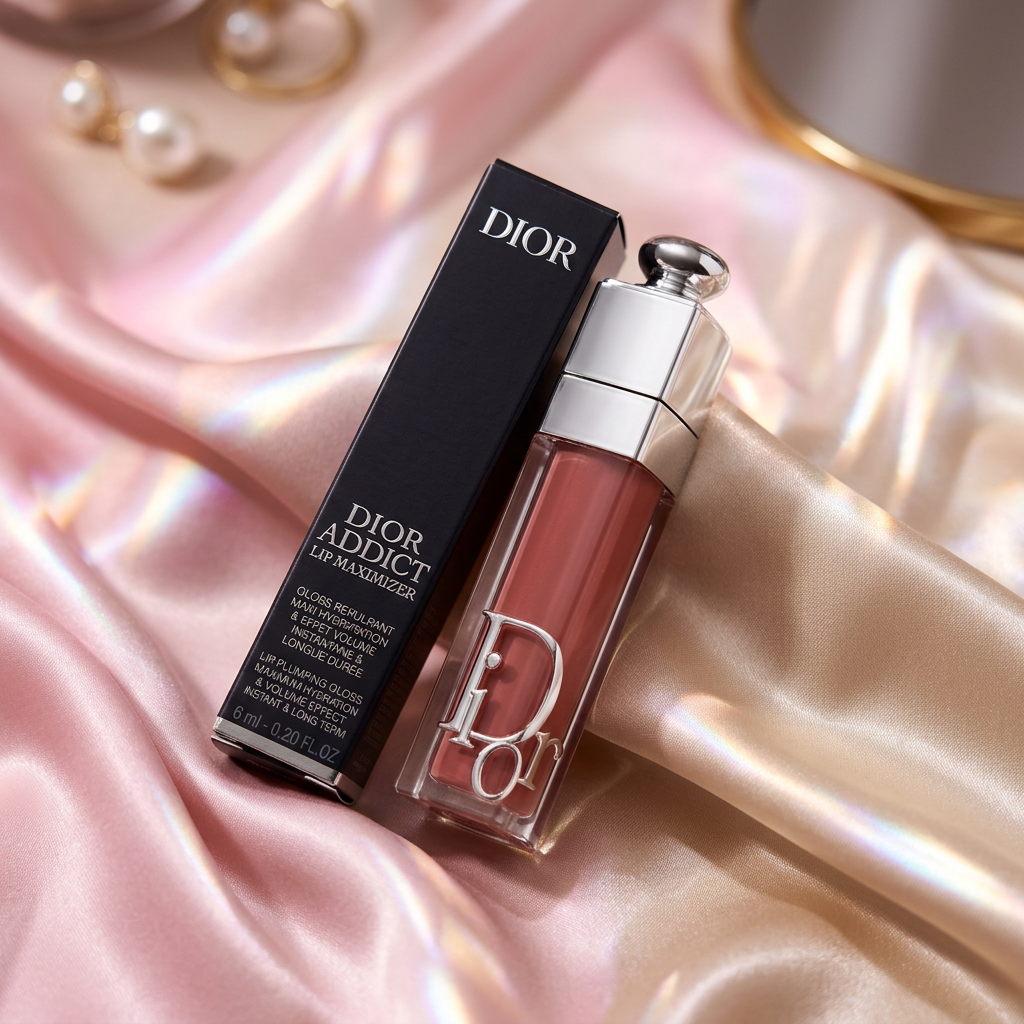 Dior lip gloss resting on silky satin fabric, soft folds, light reflections, pastel pink and champagne tones, elegant high-end advertisement, cinematic lighting
IMPORTANT: Do not change product appearance or text.