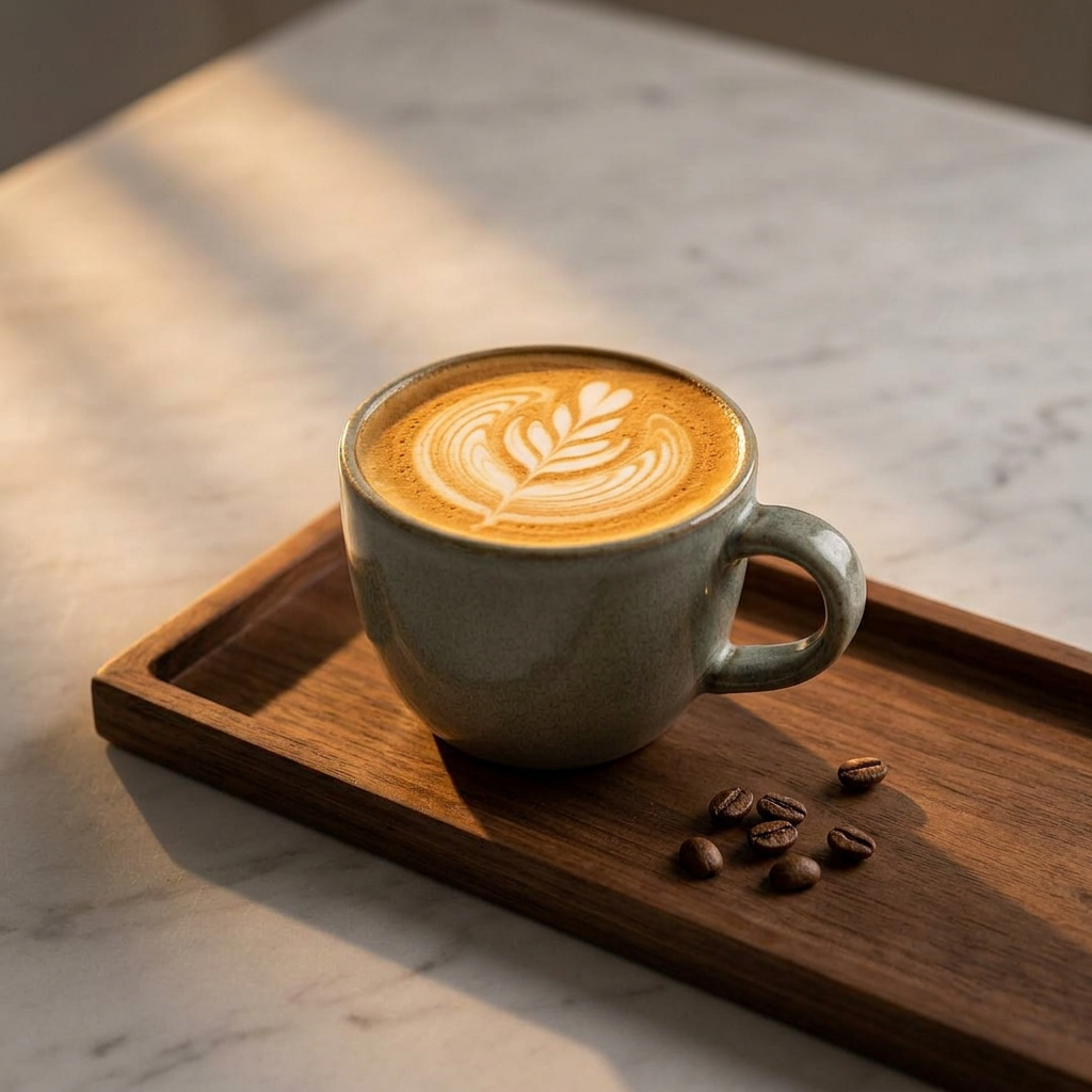 AI Design for A slightly distant view of a ceramic mug in muted gray-green color with a handle, filled with latte coffee featuring detailed latte art in the shape of a leaf or flower on the milk foam. The mug is placed on a dark wooden tray with clean straight edges and smooth texture. A few coffee beans are scattered nearby for detail. The background is simple, a clean white-gray marble surface without any additional objects. Warm golden sunset light with soft rays creates a cozy glow, casting gentle elongated shadows across the marble and highlighting the textures of wood, ceramic, and foam. Cozy and calm atmosphere, aesthetic coffee photography”