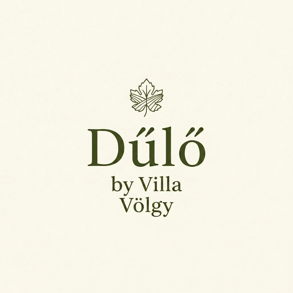 AI Design for High-end typographic logo for "Dűlő by Villa Völgy". Use a modern, balanced serif typeface. Incorporate a very small, minimalist symbol of a grapevine leaf or a terroir element. Color scheme: olive green and cream. Minimalist, timeless, vector art, centered composition.