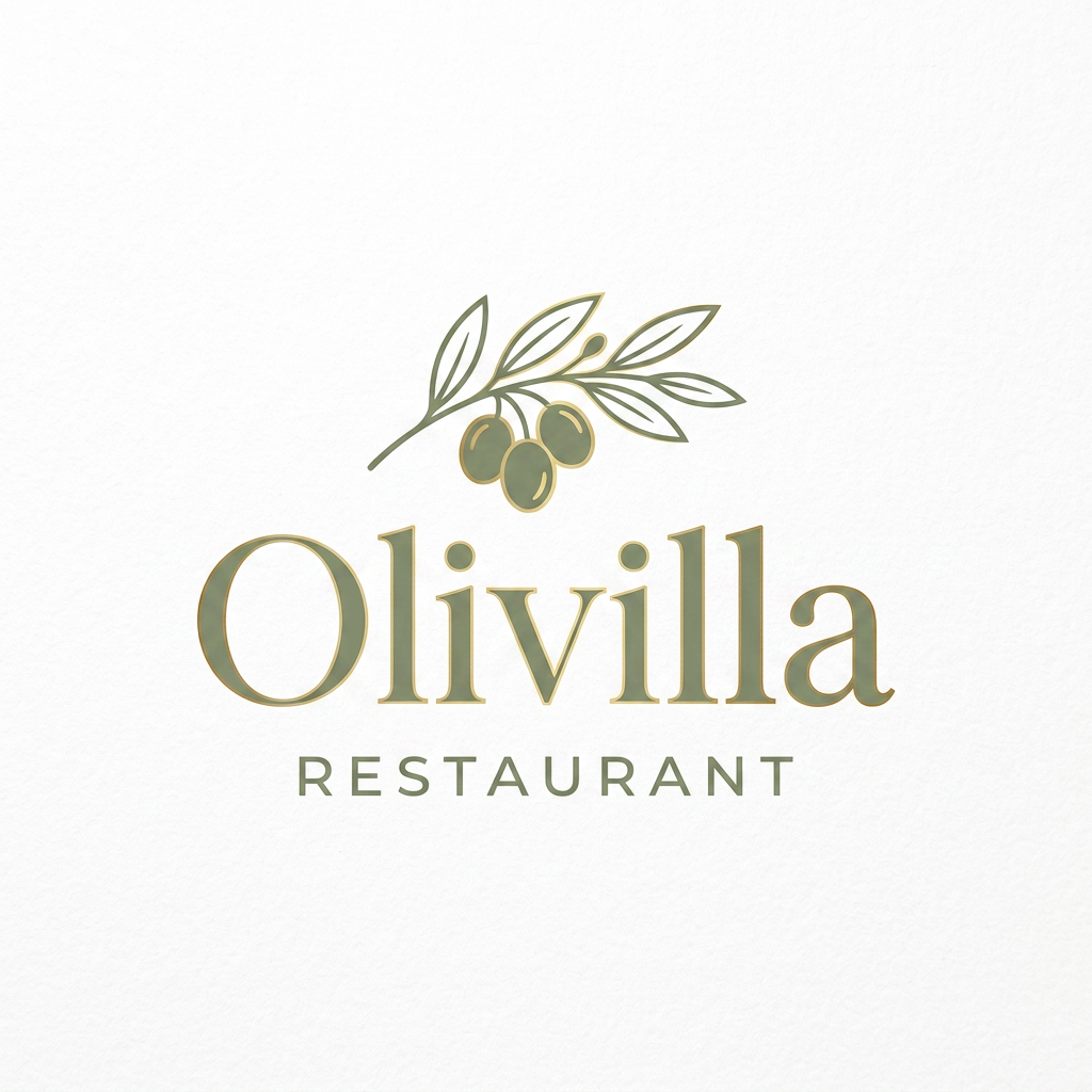 AI Design for Luxury logo design for "Olivilla". A single, stylized, minimalist olive branch with a premium feel. Colors: muted olive green (sage green) and gold accents on a white background. Elegant serif font, airy and clean composition, Mediterranean chic.