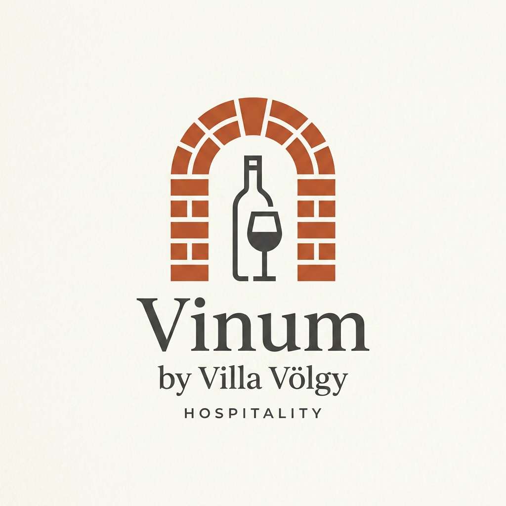 AI Design for Modern and clean logo for "Vinum by Villa Völgy". A geometric, abstract representation of a brick archway integrated with a minimalist wine bottle silhouette. Colors: warm terracotta brick and charcoal grey. Flat design, professional, high-end hospitality branding.