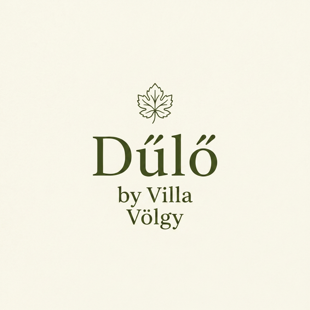 AI Design for High-end typographic logo for "Dűlő by Villa Völgy". Use a modern, balanced serif typeface. Incorporate a very small, minimalist symbol of a grapevine leaf or a terroir element. Color scheme: olive green and cream. Minimalist, timeless, vector art, centered composition.