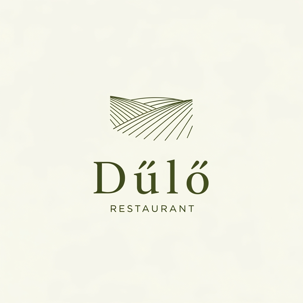 AI Design for Minimalist logo design for a premium restaurant named "Dűlő". The icon should feature subtle, thin topographical lines representing vineyard slopes. Color palette: deep olive green and off-white. Clean, elegant, vector style, white background, sophisticated typography.