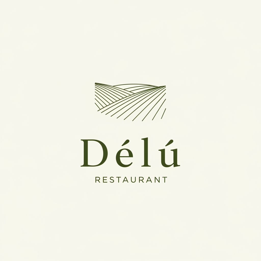AI Design for Minimalist logo design for a premium restaurant named "Dűlő". The icon should feature subtle, thin topographical lines representing vineyard slopes. Color palette: deep olive green and off-white. Clean, elegant, vector style, white background, sophisticated typography.