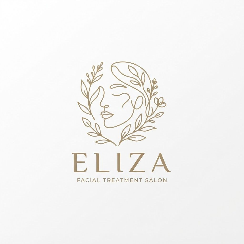 Minimalist luxury logo design for a facial treatment salon named 'Eliza', abstract continuous line art of a serene woman's face and botanical elements, elegant modern typography, clean aesthetic, soft neutral palette, vector style, flat white background --v 6.0