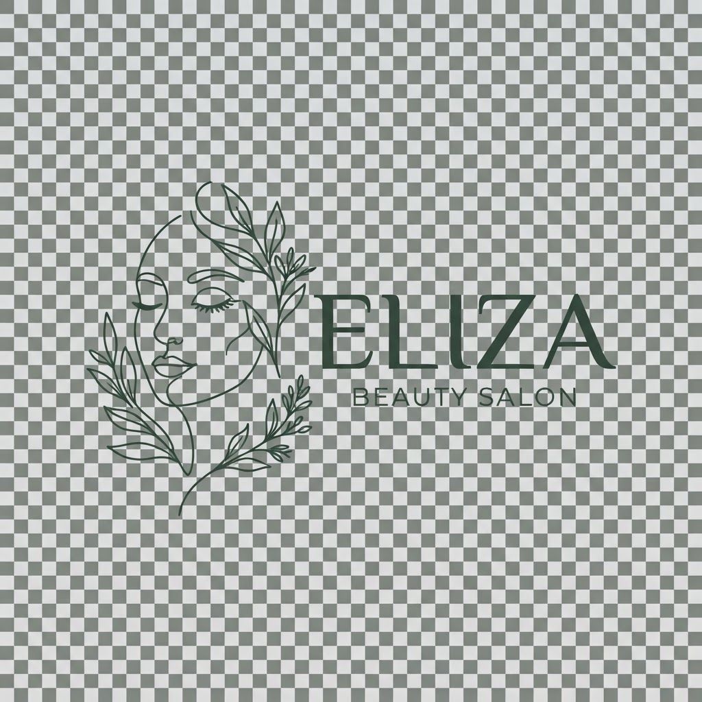 Minimalist luxury logo design for a facial treatment salon named 'Eliza', abstract continuous line art of a serene woman's face and botanical elements, elegant modern typography, clean aesthetic, soft neutral palette, vector style, flat white background --v 6.0 USE THIS COLOR FOR MANIN COLOUR: 3E5244, THE RIGHT NAME: ELIZA BEAUTY SALON make it horizontal without background