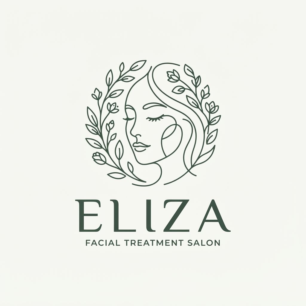 Minimalist luxury logo design for a facial treatment salon named 'Eliza', abstract continuous line art of a serene woman's face and botanical elements, elegant modern typography, clean aesthetic, soft neutral palette, vector style, flat white background --v 6.0 USE THIS COLOR FOR MANIN COLOUR: 3E5244,
