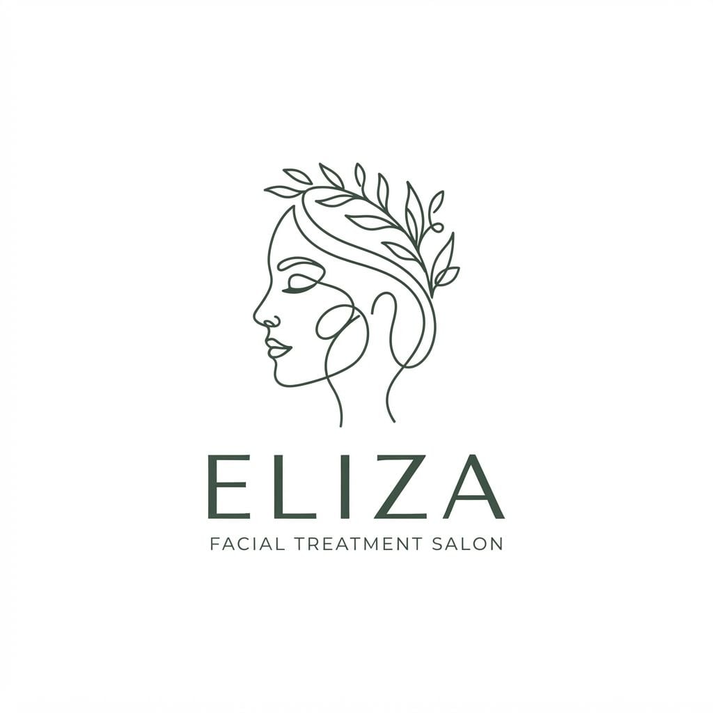 Minimalist luxury logo design for a facial treatment salon named 'Eliza', abstract continuous line art of a serene woman's face and botanical elements, elegant modern typography, clean aesthetic, soft neutral palette, vector style, flat white background --v 6.0 USE THIS COLOR FOR MANIN COLOUR: 3E5244,