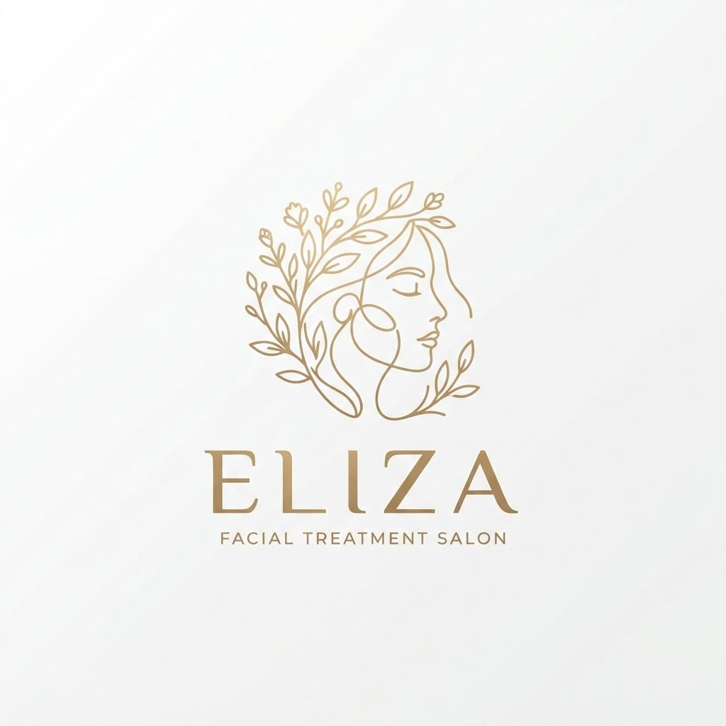 Minimalist luxury logo design for a facial treatment salon named 'Eliza', abstract continuous line art of a serene woman's face and botanical elements, elegant modern typography, clean aesthetic, soft neutral palette, vector style, flat white background --v 6.0