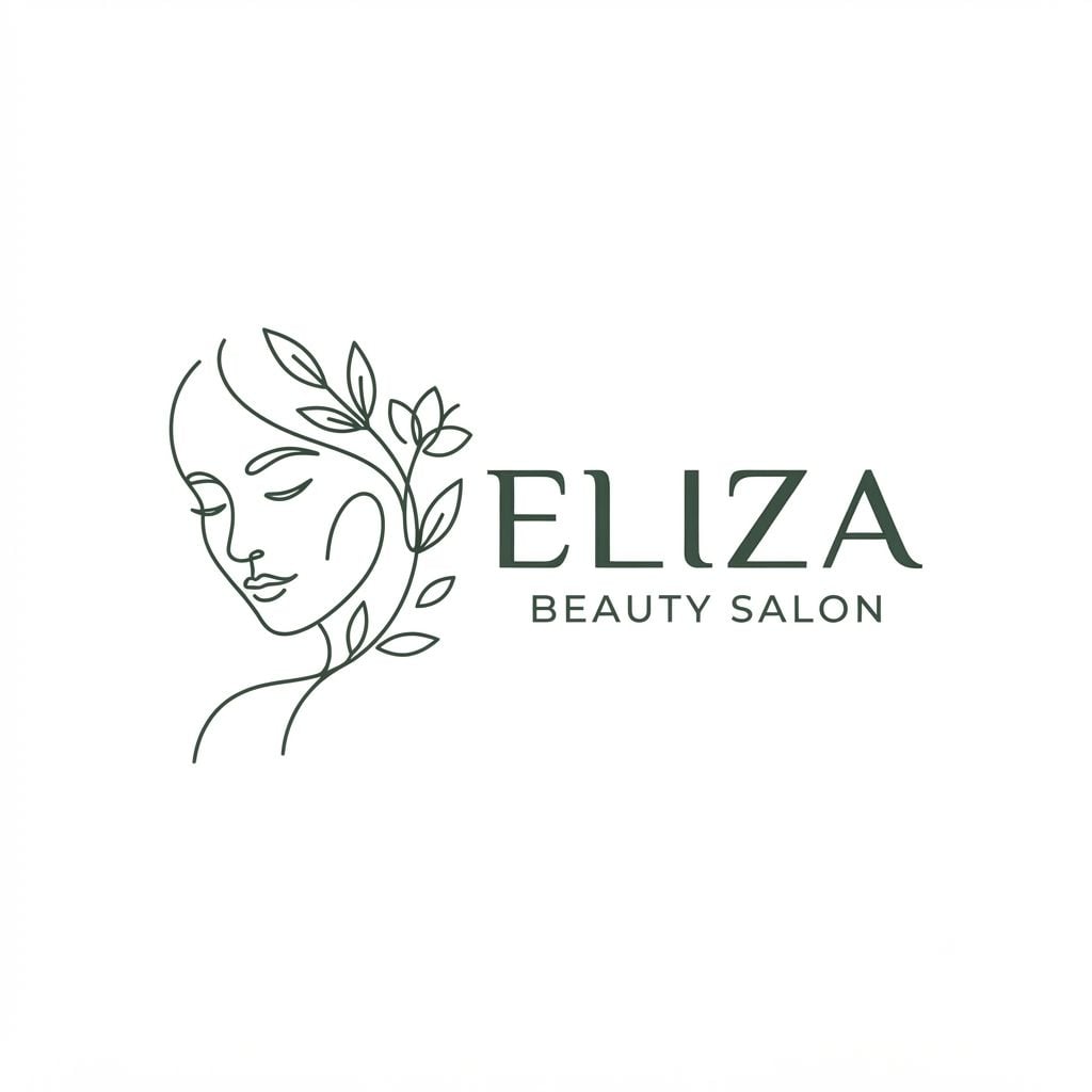 Minimalist luxury logo design for a facial treatment salon named 'Eliza', abstract continuous line art of a serene woman's face and botanical elements, elegant modern typography, clean aesthetic, soft neutral palette, vector style, flat white background --v 6.0 USE THIS COLOR FOR MANIN COLOUR: 3E5244, THE RIGHT NAME: ELIZA BEAUTY SALON make it horizontal without background