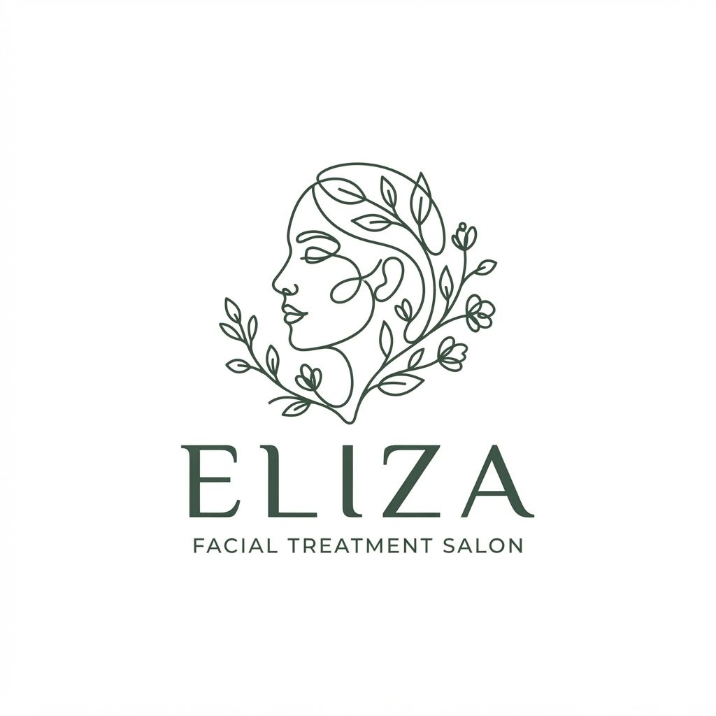 Minimalist luxury logo design for a facial treatment salon named 'Eliza', abstract continuous line art of a serene woman's face and botanical elements, elegant modern typography, clean aesthetic, soft neutral palette, vector style, flat white background --v 6.0 USE THIS COLOR FOR MANIN COLOUR: 3E5244,