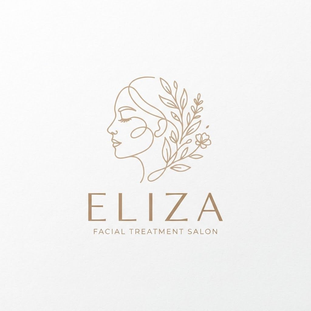 Minimalist luxury logo design for a facial treatment salon named 'Eliza', abstract continuous line art of a serene woman's face and botanical elements, elegant modern typography, clean aesthetic, soft neutral palette, vector style, flat white background --v 6.0