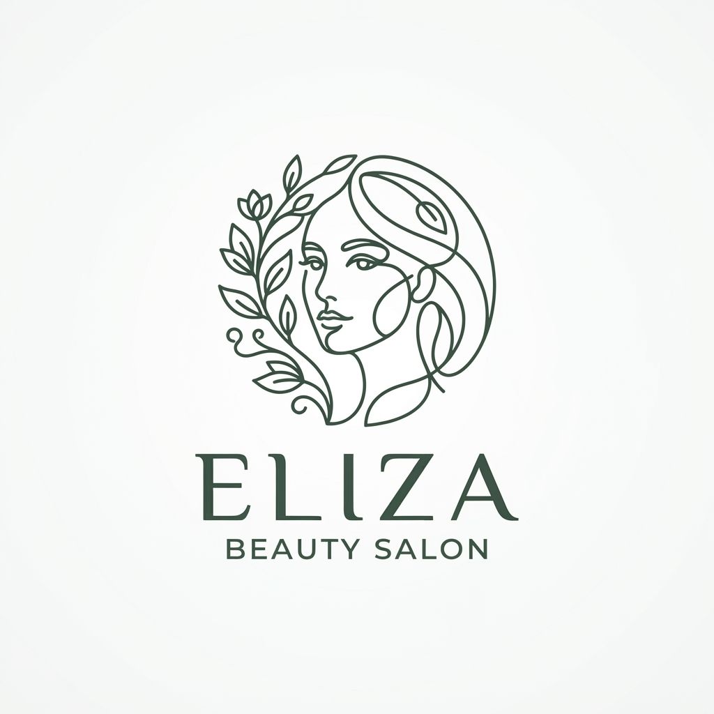 Minimalist luxury logo design for a facial treatment salon named 'Eliza', abstract continuous line art of a serene woman's face and botanical elements, elegant modern typography, clean aesthetic, soft neutral palette, vector style, flat white background --v 6.0 USE THIS COLOR FOR MANIN COLOUR: 3E5244, THE RIGHT NAME: ELIZA BEAUTY SALON