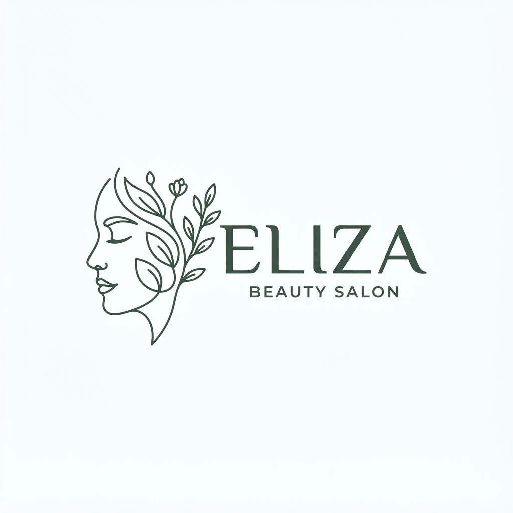 Minimalist luxury logo design for a facial treatment salon named 'Eliza', abstract continuous line art of a serene woman's face and botanical elements, elegant modern typography, clean aesthetic, soft neutral palette, vector style, flat white background --v 6.0 USE THIS COLOR FOR MANIN COLOUR: 3E5244, THE RIGHT NAME: ELIZA BEAUTY SALON make it horizontal without background