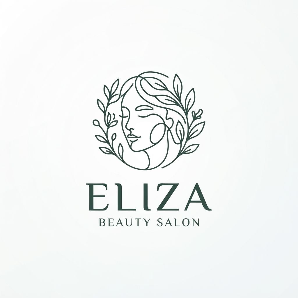 Minimalist luxury logo design for a facial treatment salon named 'Eliza', abstract continuous line art of a serene woman's face and botanical elements, elegant modern typography, clean aesthetic, soft neutral palette, vector style, flat white background --v 6.0 USE THIS COLOR FOR MANIN COLOUR: 3E5244, THE RIGHT NAME: ELIZA BEAUTY SALON