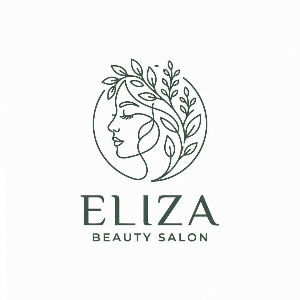 Minimalist luxury logo design for a facial treatment salon named 'Eliza', abstract continuous line art of a serene woman's face and botanical elements, elegant modern typography, clean aesthetic, soft neutral palette, vector style, flat white background --v 6.0 USE THIS COLOR FOR MANIN COLOUR: 3E5244, THE RIGHT NAME: ELIZA BEAUTY SALON