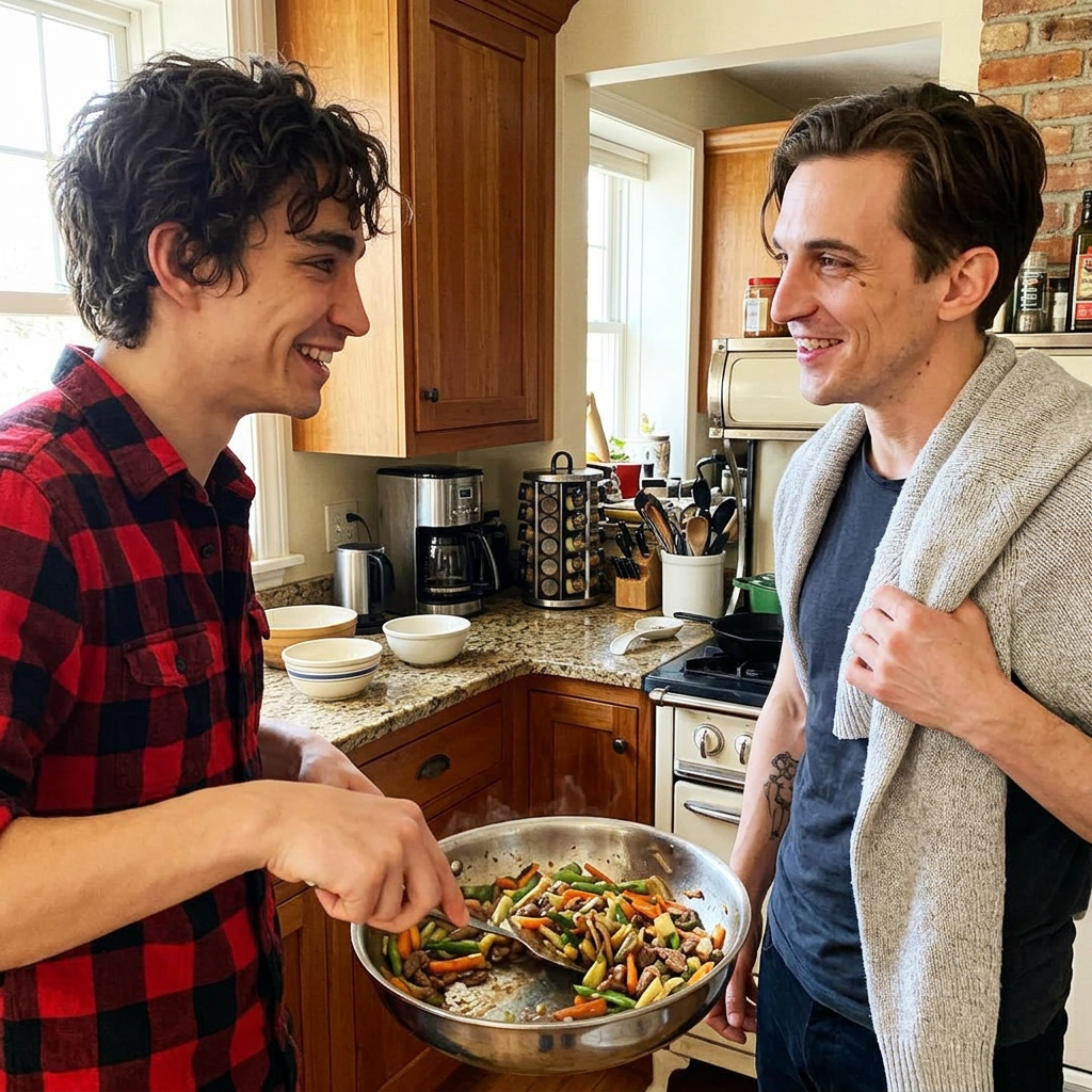 Place this boy cooking in a kitchen. He is holding a pan and smiling to the other man. His hair is wavy and he is wearing a red lumberjack shirt. The other man is wearing casual clothes. Remove the harmonica.
