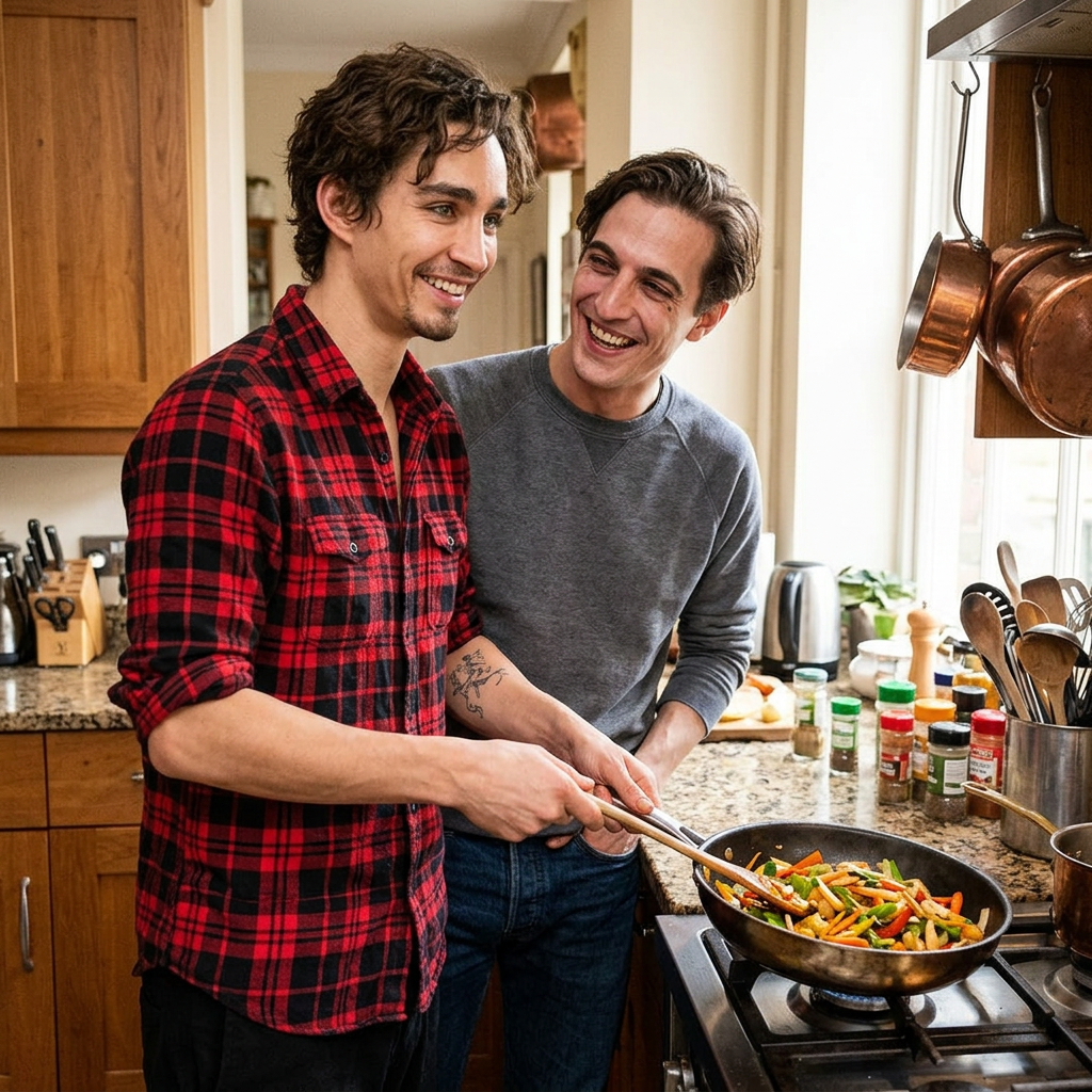 Place this boy cooking in a kitchen. He is holding a pan and smiling to the other man. His hair is wavy and he is wearing a red lumberjack shirt. The other man is wearing casual clothes. Remove the harmonica. Keep the facial traits of both.
