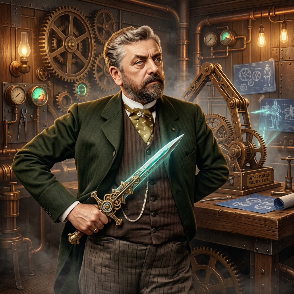 Place him in a workshop, with steampunk gears around. Colour him and make him hold a futuristic dagger. He is rising one eyebrow and has an intelligent stare.
