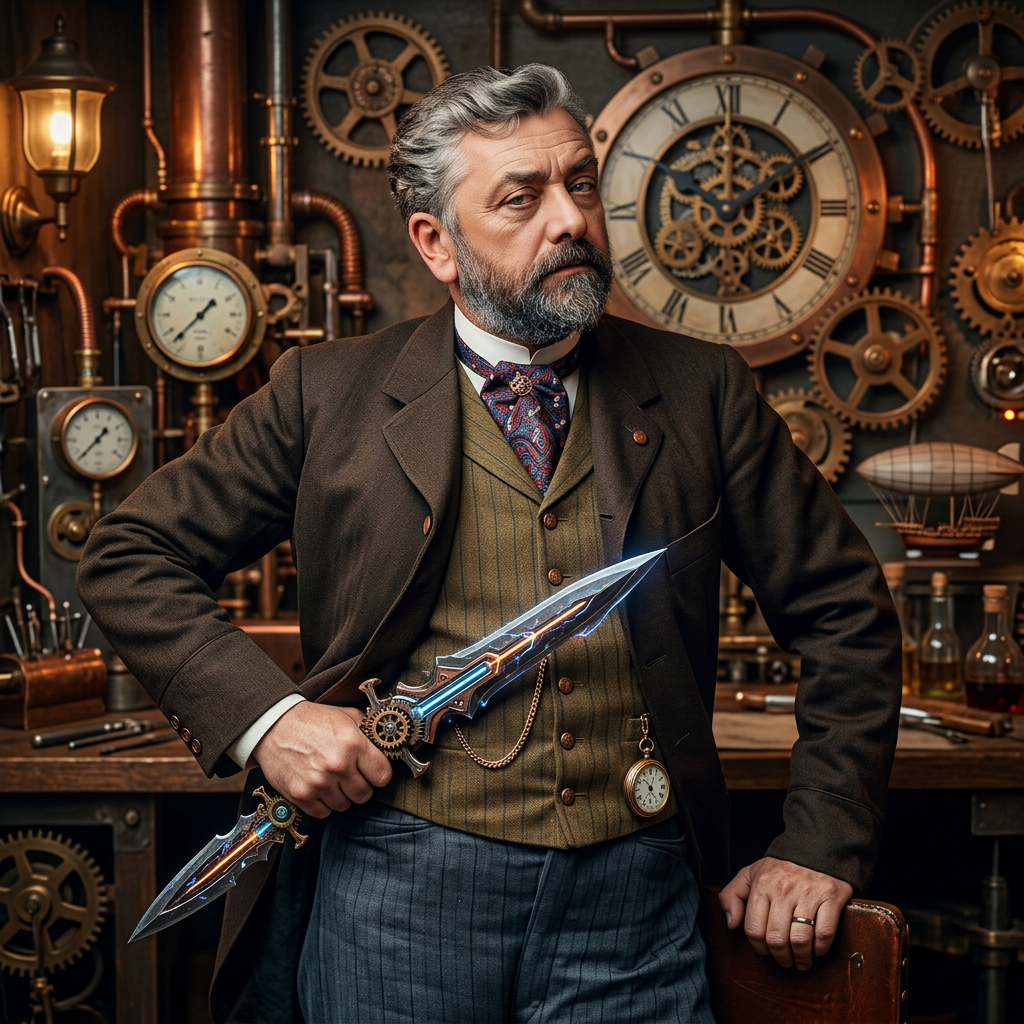 Place him in a workshop, with steampunk gears around. Colour him and make him hold a futuristic dagger. He is rising one eyebrow and has an intelligent stare.