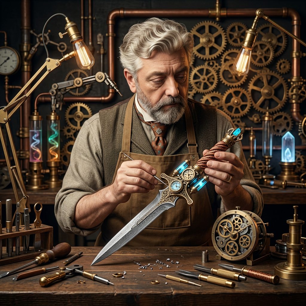 Place him in a workshop, with steampunk gears around. Colour him and make him hold a futuristic dagger. He looks to the weapon, as if he is focused, working on it. He is behind the table. Make his nose thinner.