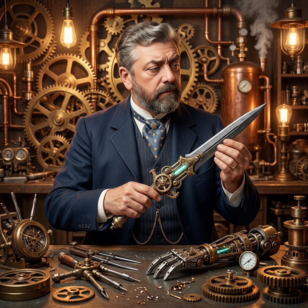 Place him in a workshop, with steampunk gears around. Colour him and make him hold a futuristic dagger. He is rising one eyebrow and looks to the weapon, as if he is working on it. He is behind the table.