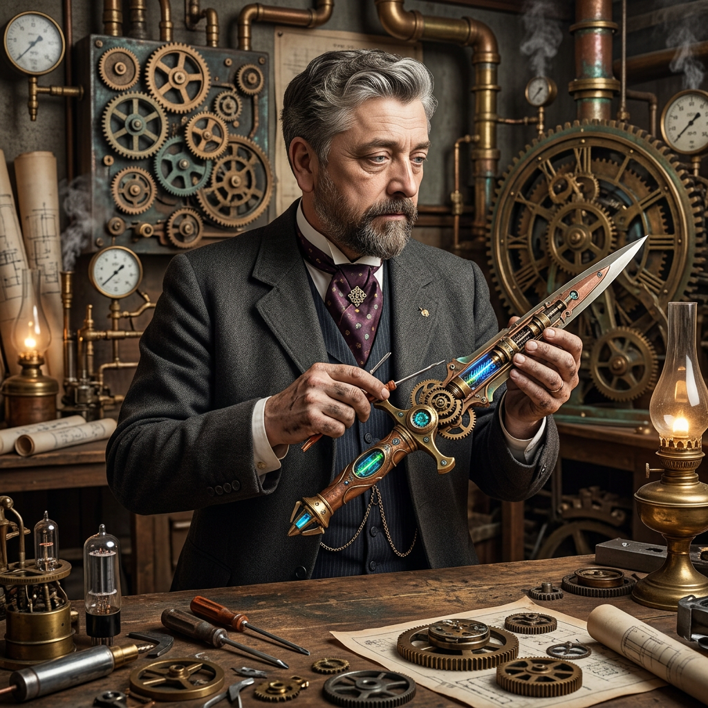 Place him in a workshop, with steampunk gears around. Colour him and make him hold a futuristic dagger. He looks to the weapon, as if he is focused, working on it. He is behind the table. Make his nose thinner.
