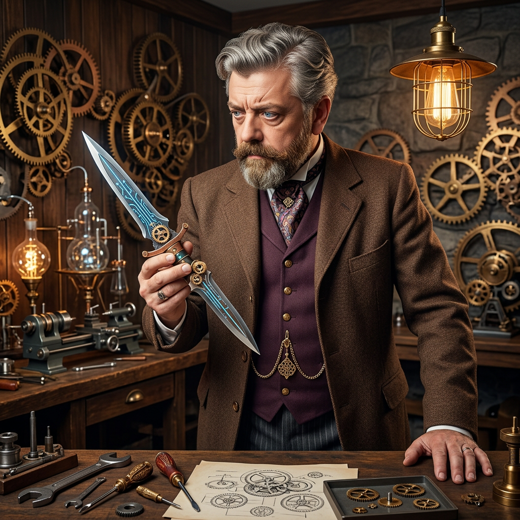Place him in a workshop, with steampunk gears around. Colour him and make him hold a futuristic dagger. He is rising one eyebrow and looks to the weapon, as if he is working on it. He is behind the table.