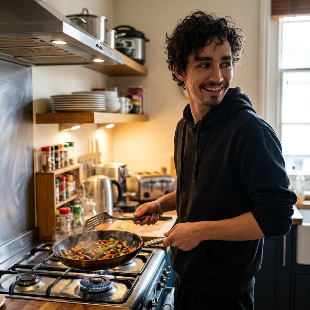 Place this boy cooking in a kitchen. He is holding a pan and smiling to a side.