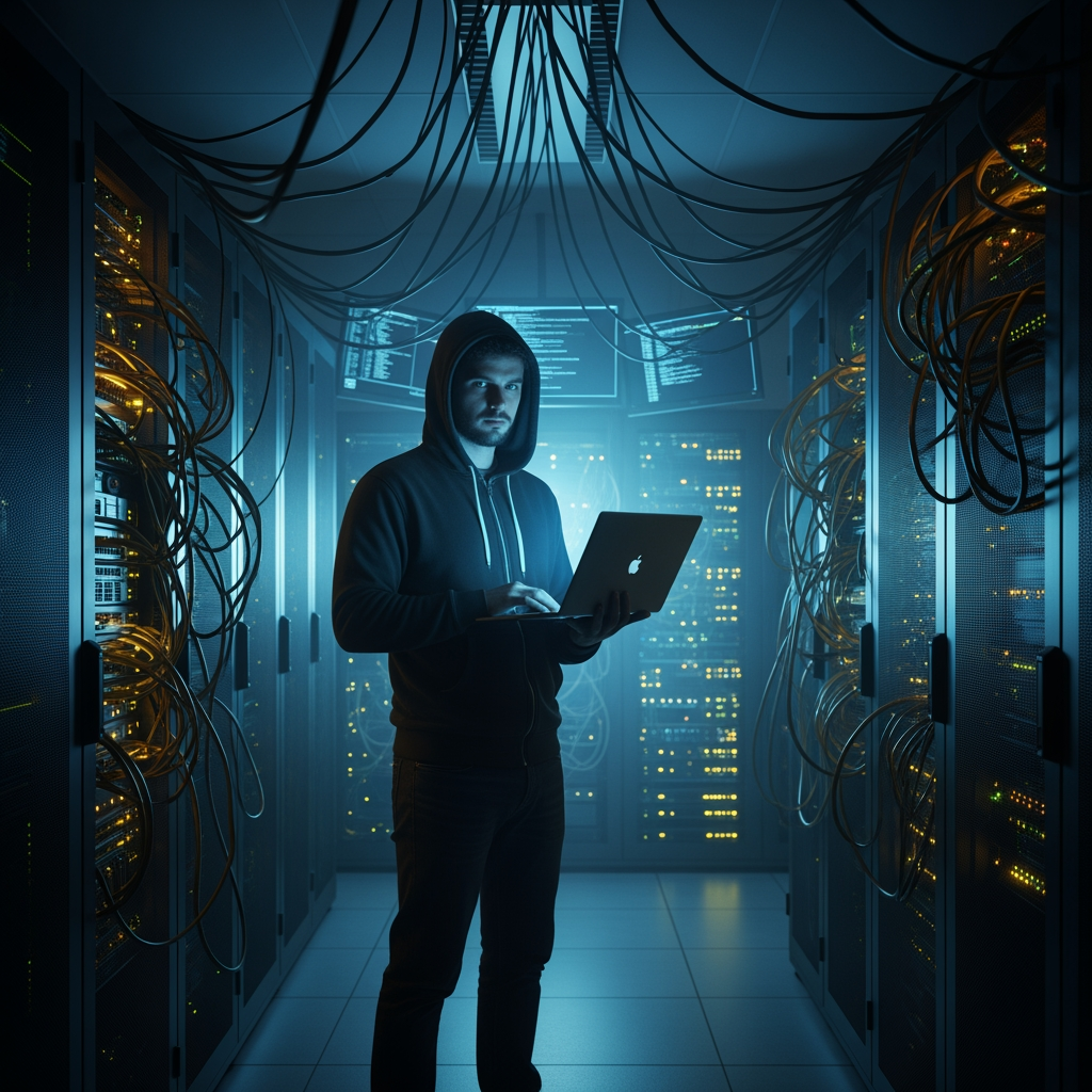 AI Design for Place him standing, dressed like a hacker in a computers room. He holds a laptop