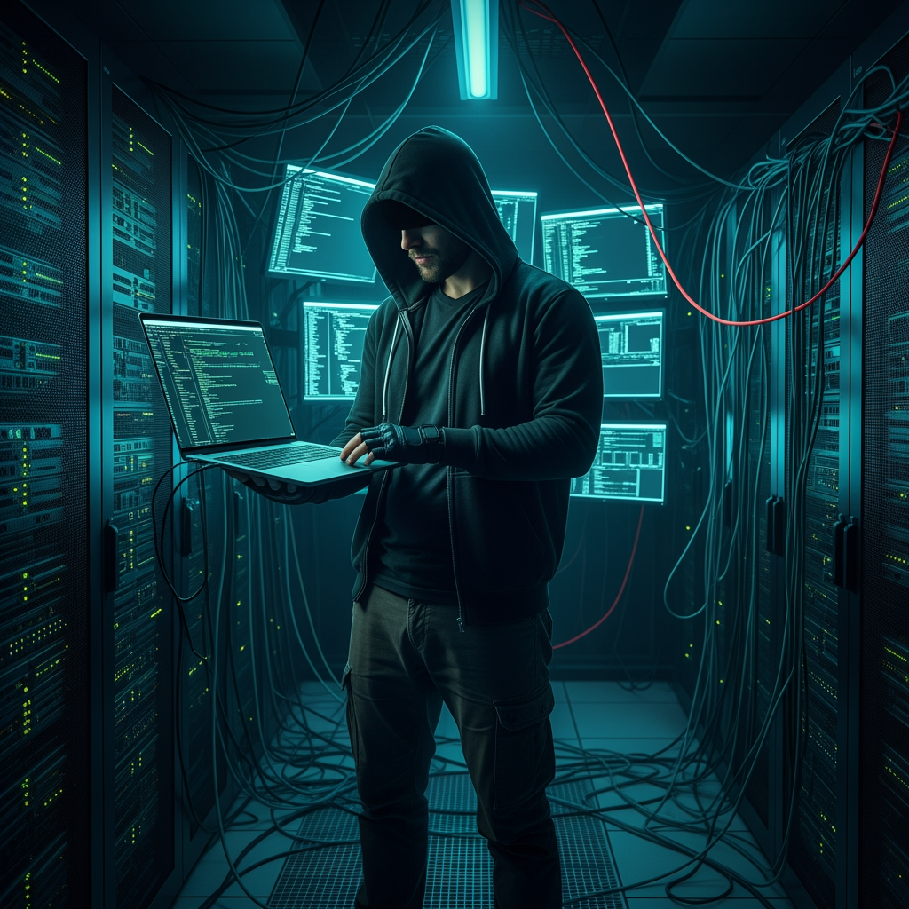 AI Design for Place him standing, dressed like a hacker in a computers room. He holds a laptop