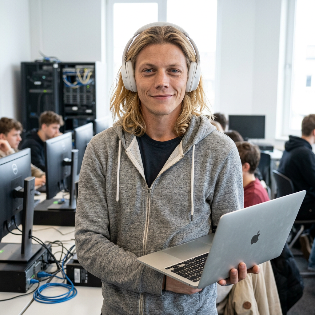 AI Design for Dress him with a hoodie, modern headphones and a laptop. Standing in a computers room. Don't change the face.