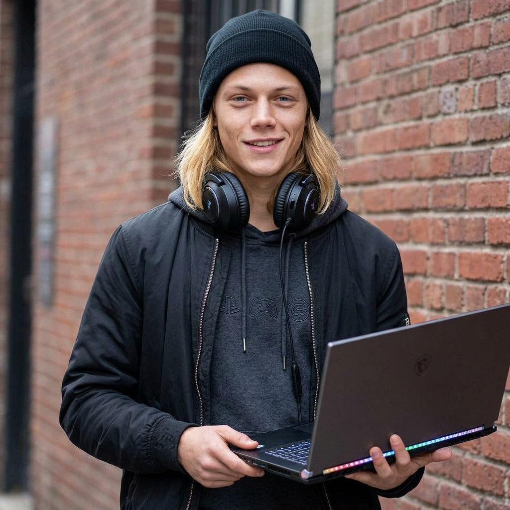 AI Design for Dress him like a gamer, with hoodie and jacket, headphones and a laptop, standing. Don't change his face.
