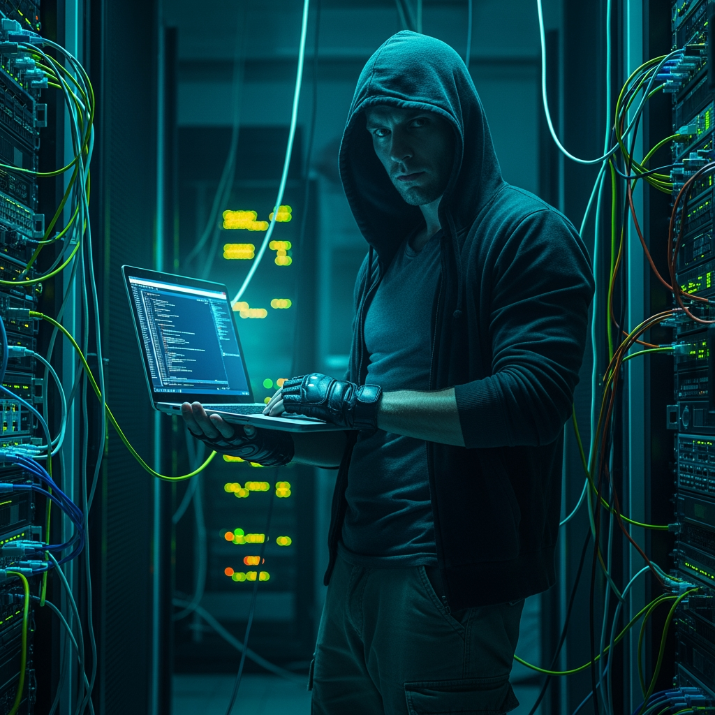 AI Design for Place him standing, dressed like a hacker in a computers room. He holds a laptop