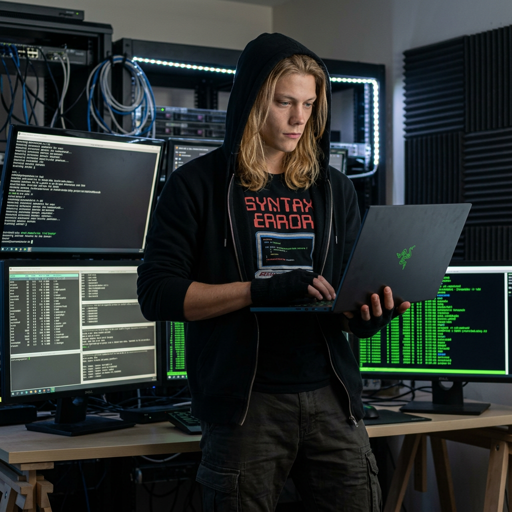AI Design for Place him standing, dressed like a hacker in a computers room. He holds a laptop