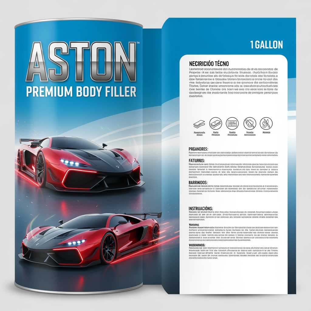 full wrap label design for 1 gallon automotive body filler can, premium racing style, front section with big bold metallic text "ASTON", small text "Premium Body Filler", futuristic hypercar in red and black with glowing red accents, aggressive design, glossy reflections, dynamic lighting, background light blue to white gradient, clean but energetic, subtle motion lines, modern automotive branding

middle transition smooth gradient with soft lines

back section clean technical layout, very light gray background, organized Spanish text blocks for product description, features, instructions, warnings, icons for sanding, drying, adhesion, professional layout, minimalistic industrial design, high readability

overall premium packaging design, balanced composition, print ready, ultra detailed, 4k