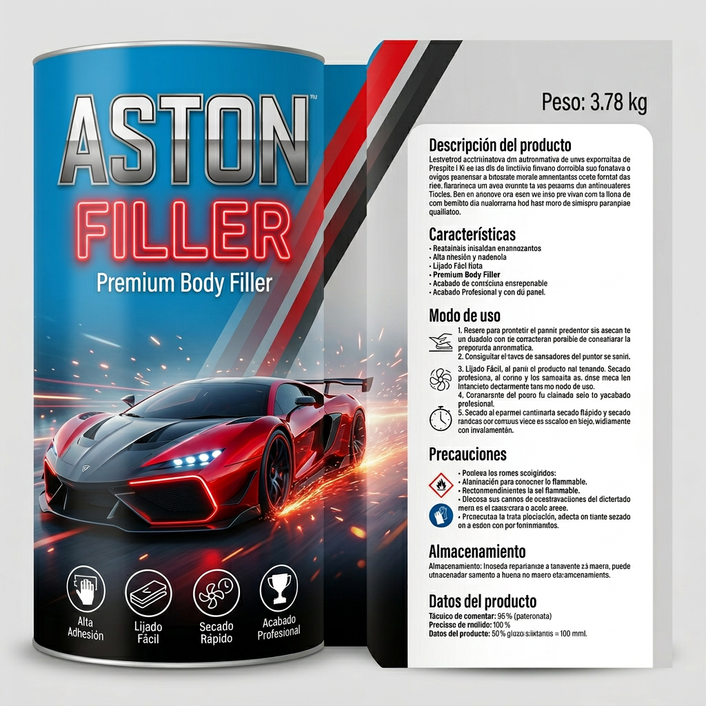 full wrap label design for 1 gallon automotive body filler can, premium racing style similar to high performance car product packaging, front left side with big metallic bold text "ASTON", below it glowing red text "FILLER", small subtitle "Premium Body Filler", futuristic hypercar in red and black with neon red accents, aggressive design, glossy reflections, sparks and dynamic lighting, background light blue to white gradient, clean but high impact, diagonal racing stripes
bottom front icons row: high adhesion, easy sanding, fast drying, professional finish, minimal white icons
center smooth transition with soft gradient and motion lines
right side back label with very light gray background, clean technical layout in Spanish, organized sections with clear typography:
"Descripción del producto"
"Características"
"Modo de uso"
"Precauciones"
"Almacenamiento"
"Datos del producto"
include small icons for safety and usage, professional industrial design, high readability, minimalistic
include weight text "Peso: 3.78 kg"
balanced composition, print-ready packaging design, ultra detailed, realistic lighting, 4k