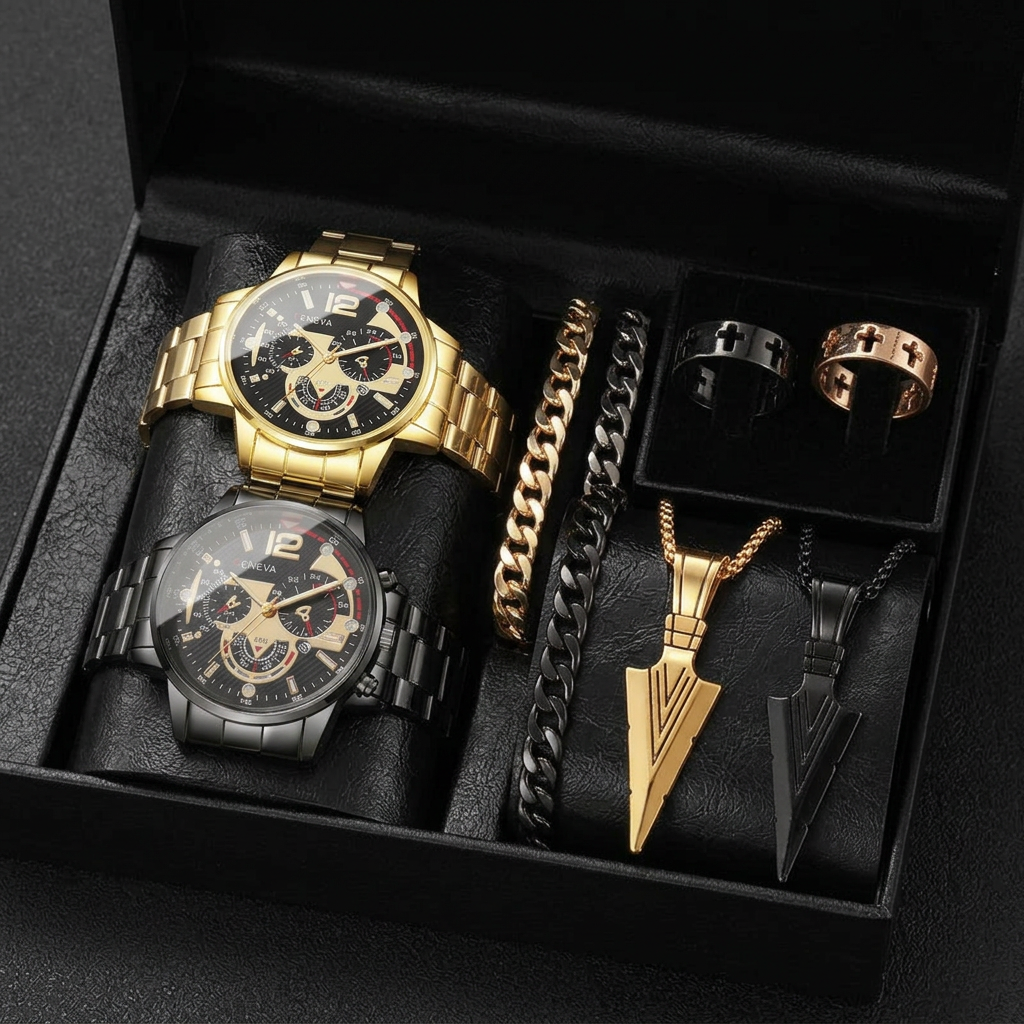 Help me put the watches and accessories from the two pictures into one watch box, without changing the placement of the watches and accessories.