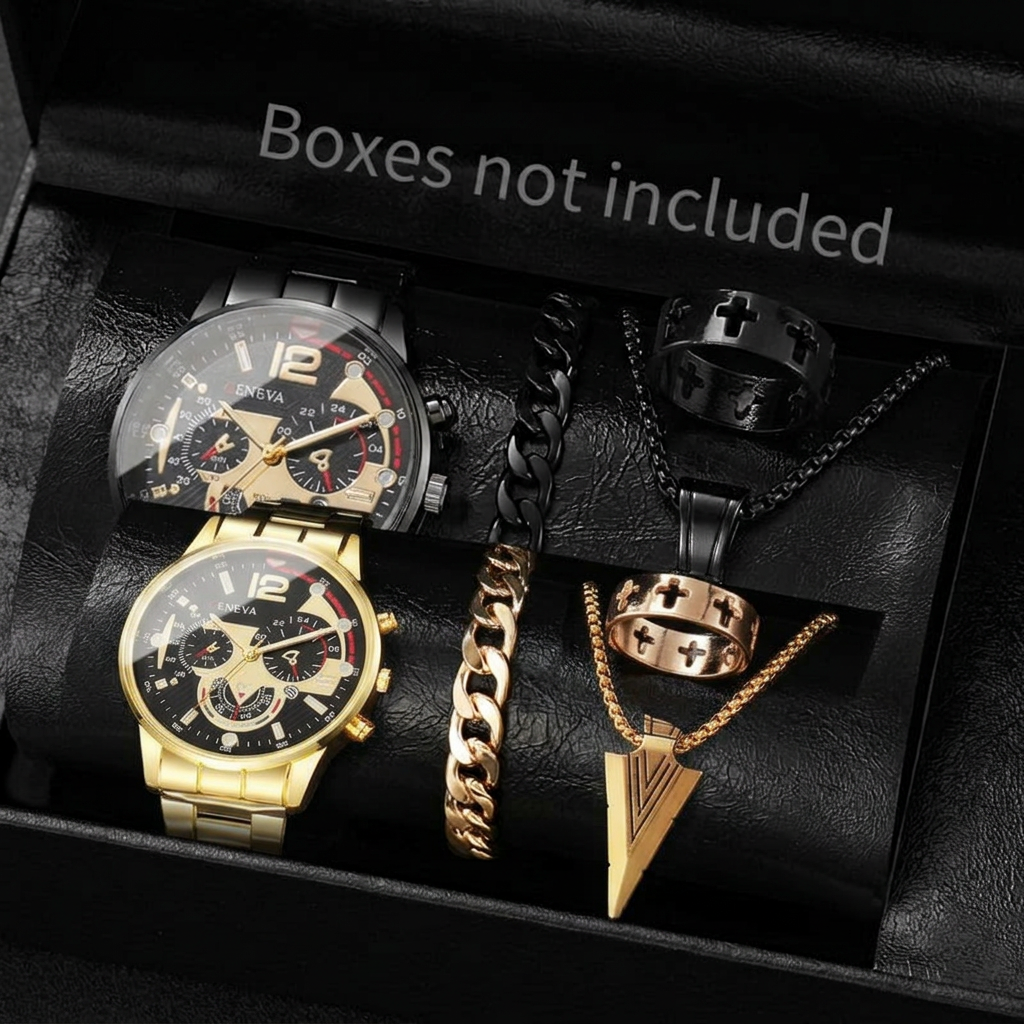 Help me put the watches and accessories from the two pictures into one watch box, without changing the placement of the watches and accessories.