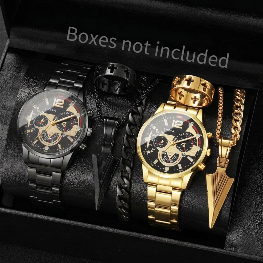 Help me put the watches and accessories from the two pictures into one watch box, without changing the placement of the watches and accessories.