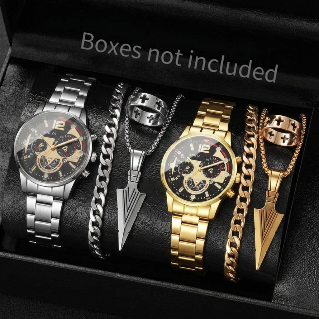 Help me put the watches and accessories from the two pictures into one watch box, without changing the placement of the watches and accessories.