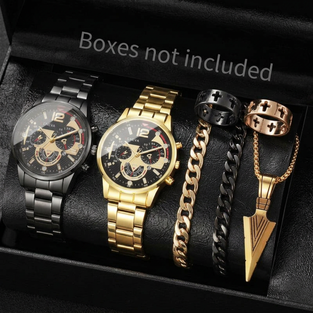 Help me put the watches and accessories from the two pictures into one watch box, without changing the placement of the watches and accessories.