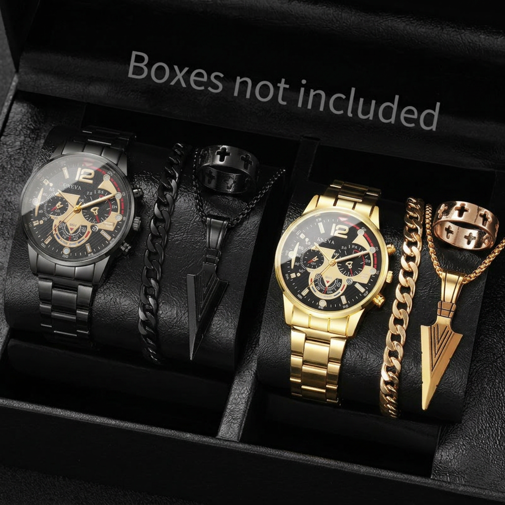 Help me put the watches and accessories from the two pictures into one watch box, without changing the placement of the watches and accessories.